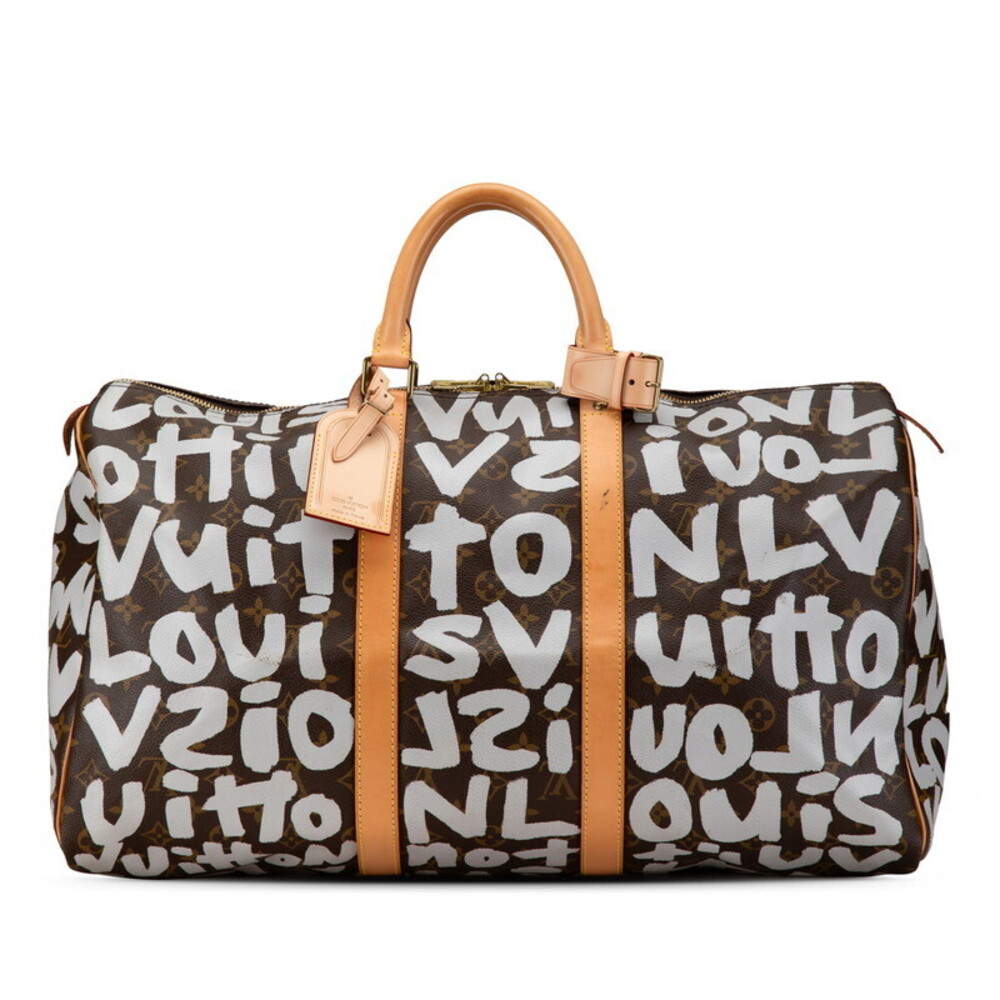 Louis Vuitton Monogram Graffiti Keepall Boston Bag Argent Brown Leather